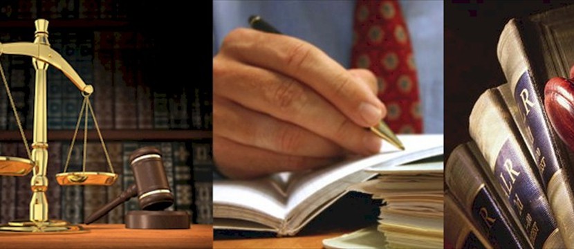 Legal montage showing scales of justice, a person writing and law books