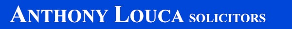 Anthony Louca Solicitors wordmark in white serif lettering on blue